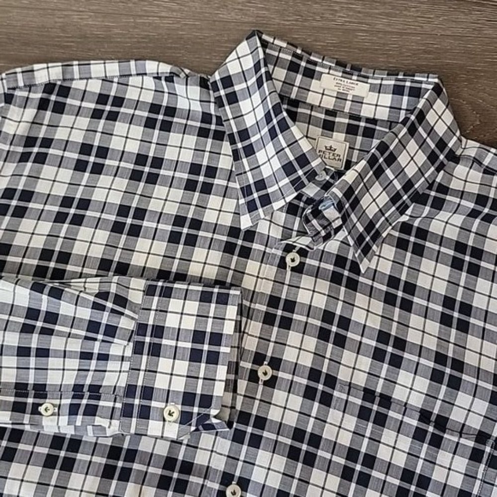 Peter MILLAR Men's XL Long-Sleeve‎ Button-Down Shirt Blue and White Plaid